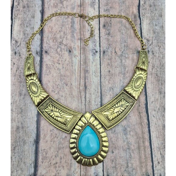 NWOT Gold Tone & Faux Turquoise Teardrop Bib Collar Necklace Southwestern 22" - Picture 10 of 10